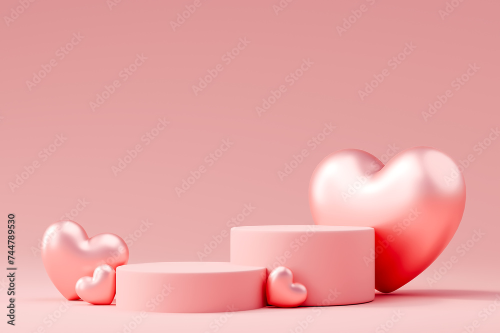 Minimal background, mock up with podium for product display, pink background, 3D rendering.