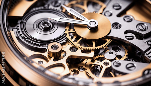 close up of the intricate inner workings of a luxury mechanical watch, revealing the complex gears