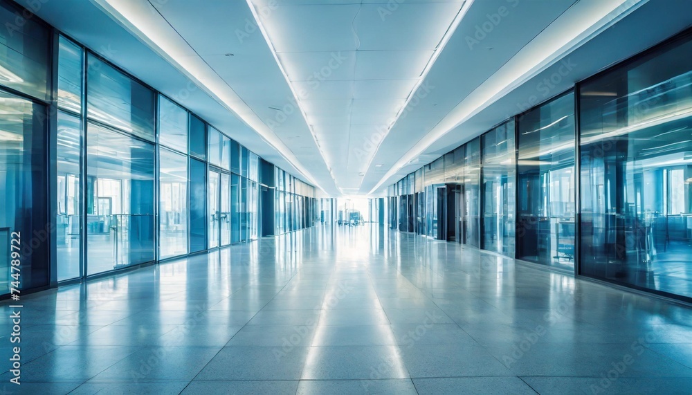 beautiful light blue blurred background panoramic image of a spacious office or mall hallway