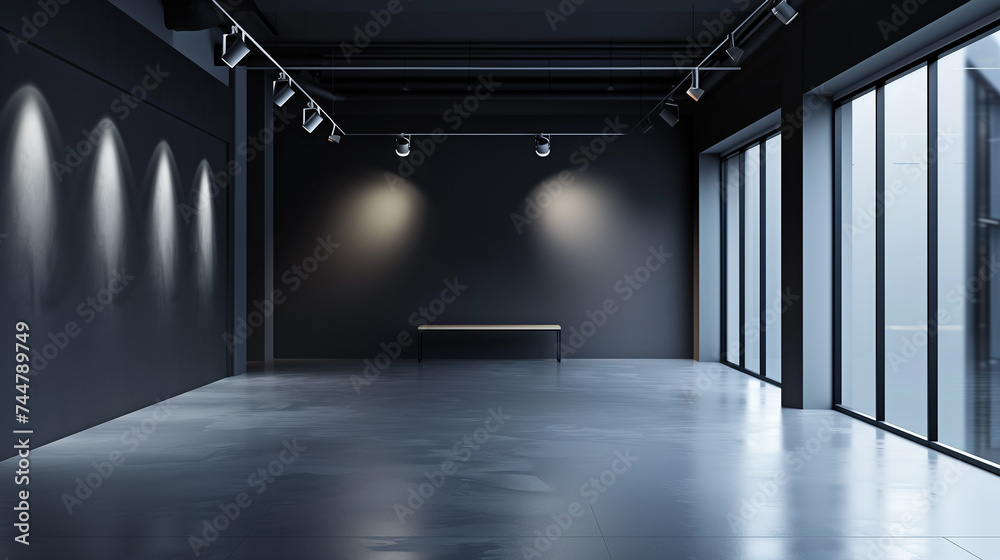 Modern empty gallery space with spotlights, glossy floor, and large windows. Ideal for exhibitions and displays.