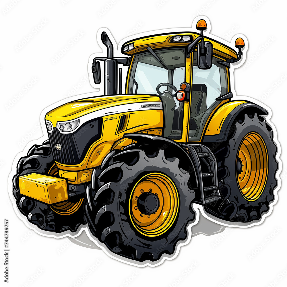 Sticker-style illustration of a yellow and black tractor, isolated on white, with bold outlines and a slight shadow for a 3D effect. Sticker-style illustration of a yellow and black tractor, isolated on white, with bold outlines and a slight shadow for a 3D effect.