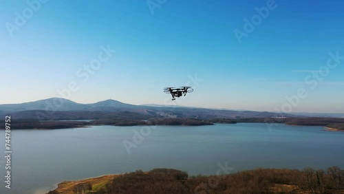 Aerial of Omerli Dam Lake. Drone quadrocopter. The first camera of this type able to shoot 4K raw video. Tool for professional filmmaking