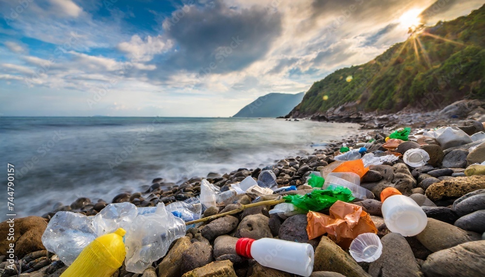garbage plastics on the rock beach
