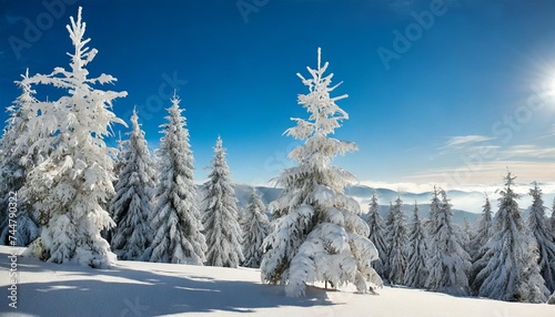 snow covered white spruce trees on a frosty sunny day