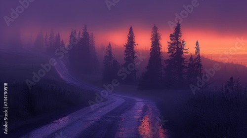 Mysterious Foggy Road Leading Through Silhouetted Pine Trees Under a Magenta Sky at Twilight © Ross