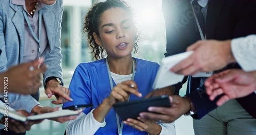Chaos, nurse and talking with medical paperwork for signature, health communication and help from doctor. Busy, team and healthcare consultant with conversation and overwhelming agenda with overwork
