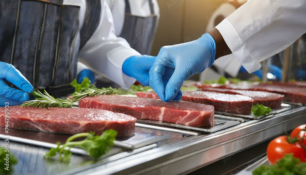  Meat or steak production line with hands of a worker wearing latex protective gloves 