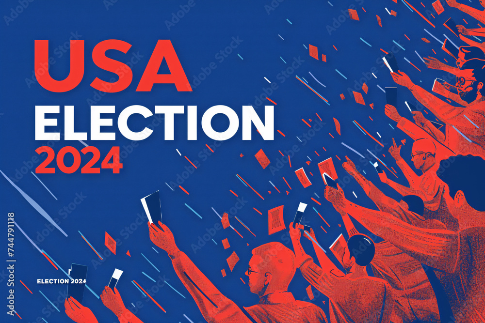 Graphic design of USA Election 2024 with abstract people and confetti