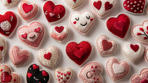 Various embroidered heart patches with expressive faces photo