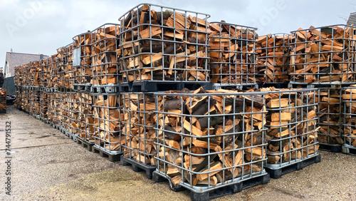 Many Prepared container firewood storage outside package store