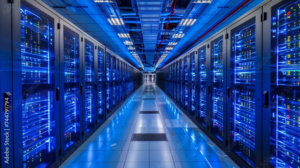 Fototapeta premium Rows of Servers in a Data Center With Blue Lights