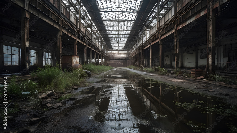  abandoned steel plant with puddles in the middle