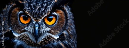 an owl face is behind a black background Generative AI