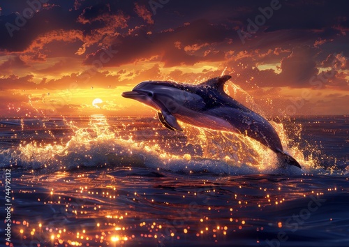 Radiant Dolphin Jump: A Dolphin Soars Above Sparkling Waters at Sunset