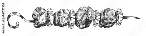 Hand drawn shish kebab on skewer isolated on white background. Sketch style grilled meat