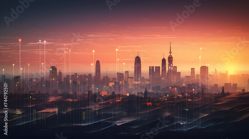  modern cities and business buildings over the city skyline at sunset