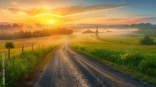 Country Road With Sunset in Background