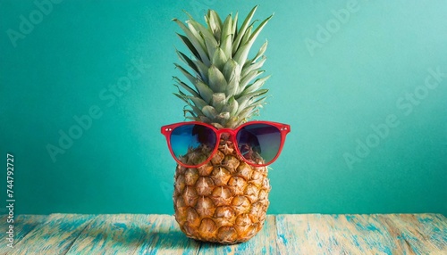 Hipster pineapple with trendy sunglasses against turquoise background. Minimal summer concept