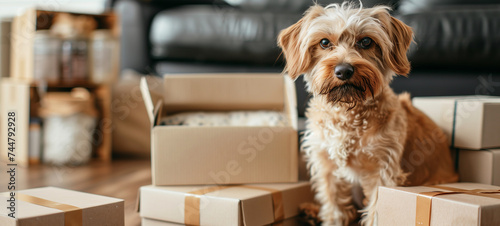 In a scene painted with the hues of beige and amber, a loyal dog sits serenely beside a stack of shipping boxes © Katsiaryna