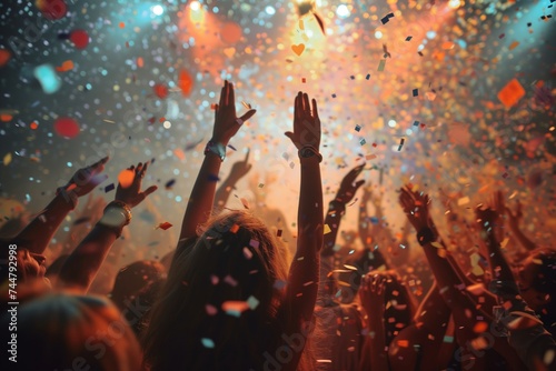 Group of people on a party surrounded by confetti