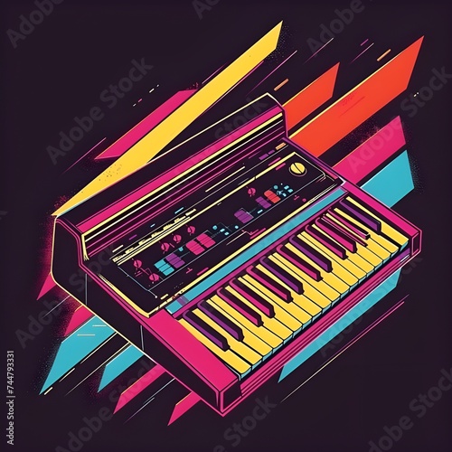Vibrant Neon-Colored Illustration of a Retro Synthesizer Against a Dark Background