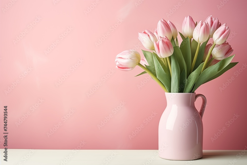 Jar with pink tulip flowers on pink background with copy space