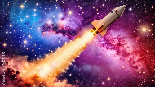 Vibrant Rocket Ascending with Powerful Exhaust Against a Cosmic Multicolored Background