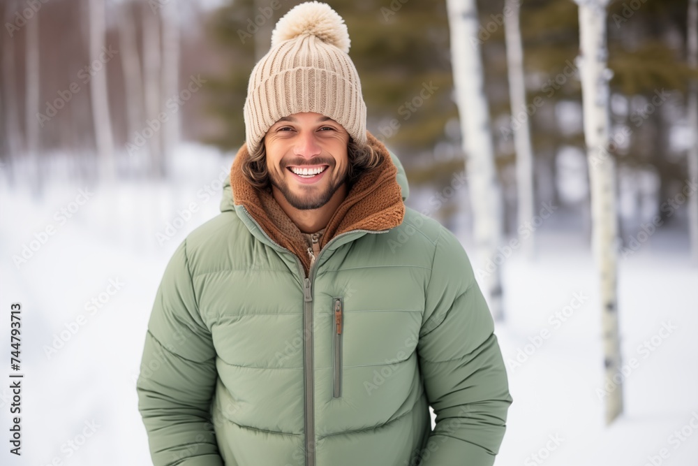 A bearded man with a warm smile is dressed in a cozy winter jacket and beanie, standing in a forest blanketed with snow A bearded man with a warm smile is dressed in a cozy winter jacket and beanie, standing in a forest blanketed with snow