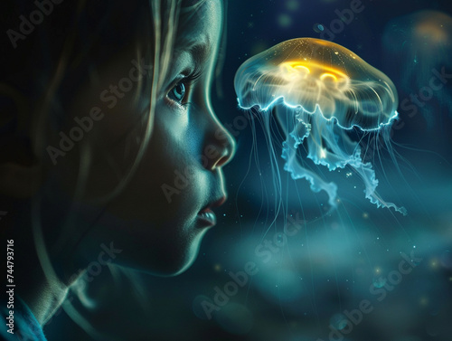 A childs eye wide with wonder as they observe a jelly animal its body pulsing with gentle light