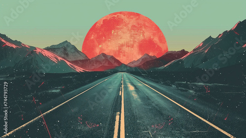 Abstract art background of the road lead to the mountains in retro style 