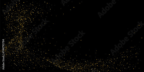 Gold dust. Confetti with gold glitter on a black background. Shiny scattered sand particles. Decorative elements. Luxury background for your design, cards, invitations. Vector