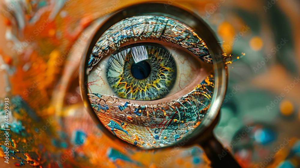 A magnifying glass revealing the complex patterns of an eyeball a symbol of our intricate view of the world