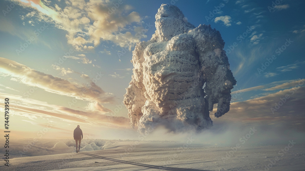 Obraz premium A person standing before a majestic salt golem showcasing the contrast between human fragility and elemental strength