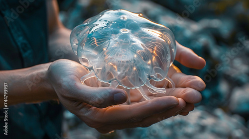 A person holding a clear jelly like animal in their hands marveling at its delicate form and ethereal beauty