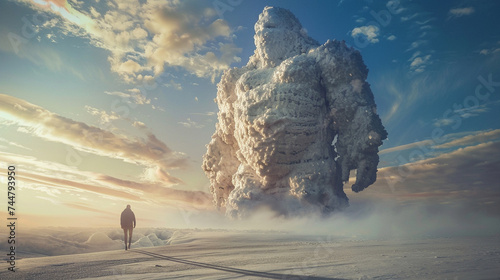 A person standing before a majestic salt golem showcasing the contrast between human fragility and elemental strength photo