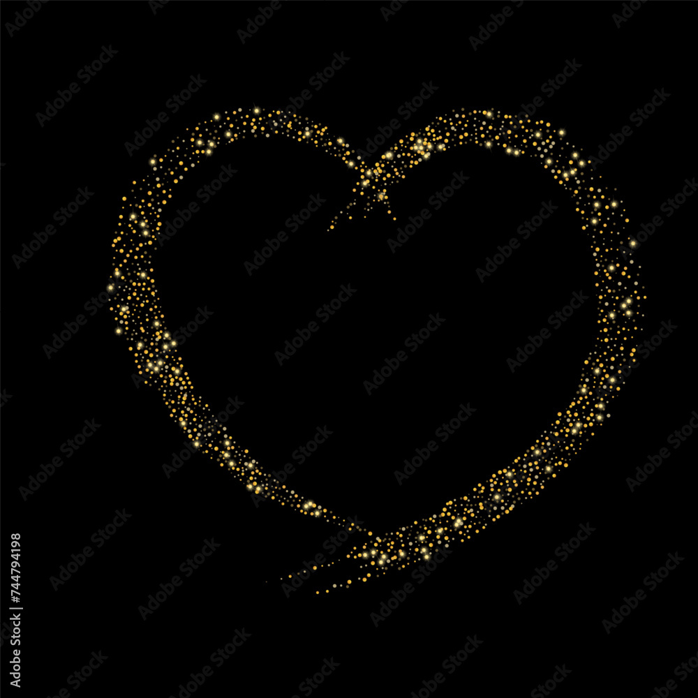 Confetti with gold glitter in the shape of a heart on a black background. Shiny particles and sand are scattered. Decorative element, golden heart. Luxury holiday background, vector Confetti with gold glitter in the shape of a heart on a black background. Shiny particles and sand are scattered. Decorative element, golden heart. Luxury holiday background, vector