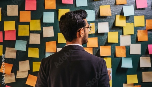 Man looking at sticky notes in the wall