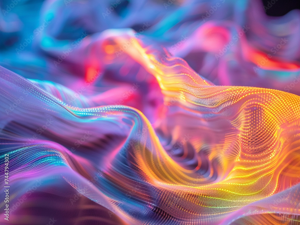 Close up on neon colored gravity waves showcasing the dynamic flow and energy of abstract forces Close up on neon colored gravity waves showcasing the dynamic flow and energy of abstract forces