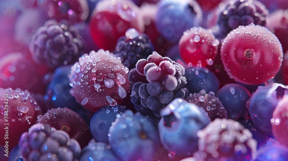 Blackcurrant, redcurrant, and blueberry in the macro view of frozen berries Blackcurrant, redcurrant, and blueberry in the macro view of frozen berries