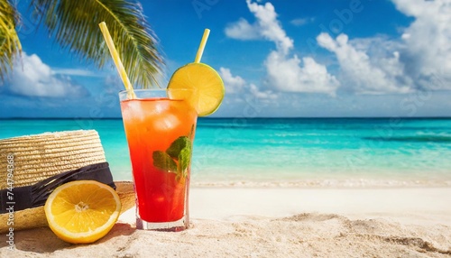 travel background with drinks glass and straw on caribbean beach