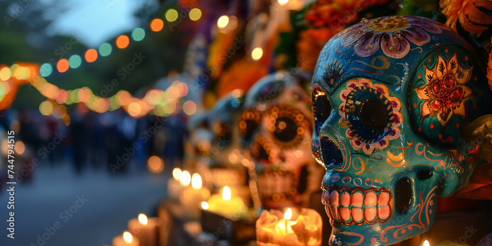 Brightly painted sugar skulls radiating in candle light display intricate folk art designs on a festive altar decorated with marigolds and papel picado under hanging lights