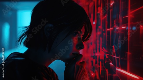 Futuristic female portrait. Beautiful woman in red and blue neon light. Fashion and style. Ai-generated.
