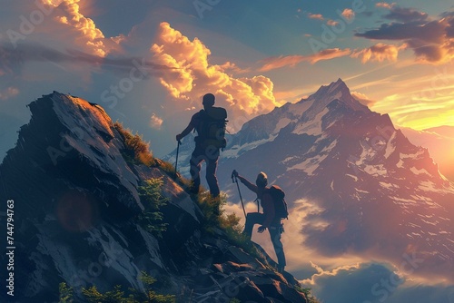 Hiker helping friend reach the mountain top, Generative Ai illustration . © Mehr