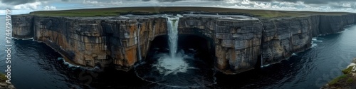 Panoramic Aerial View of a Majestic Waterfall Plunging into a Coastal Sinkhole