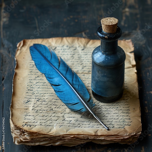 Ancient Paper with Blue Quill and Ink Bottle