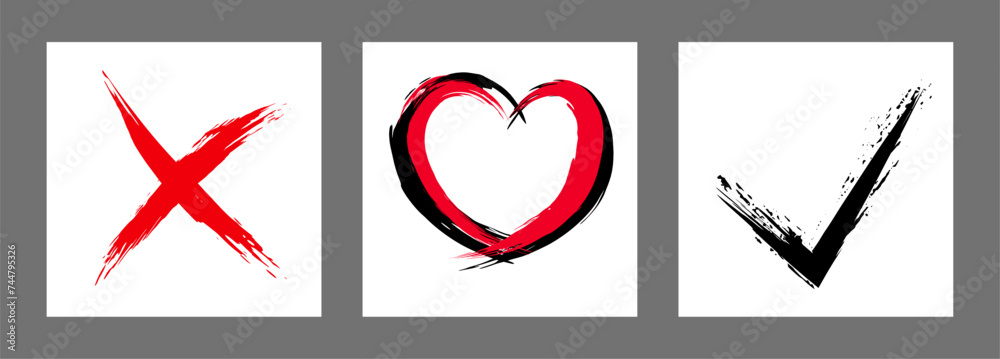 The cross, heart and OK symbol are hand-drawn with a brush. Prohibition, denial, error. Love. Approval, consent. Vector, set of 3 characters The cross, heart and OK symbol are hand-drawn with a brush. Prohibition, denial, error. Love. Approval, consent. Vector, set of 3 characters