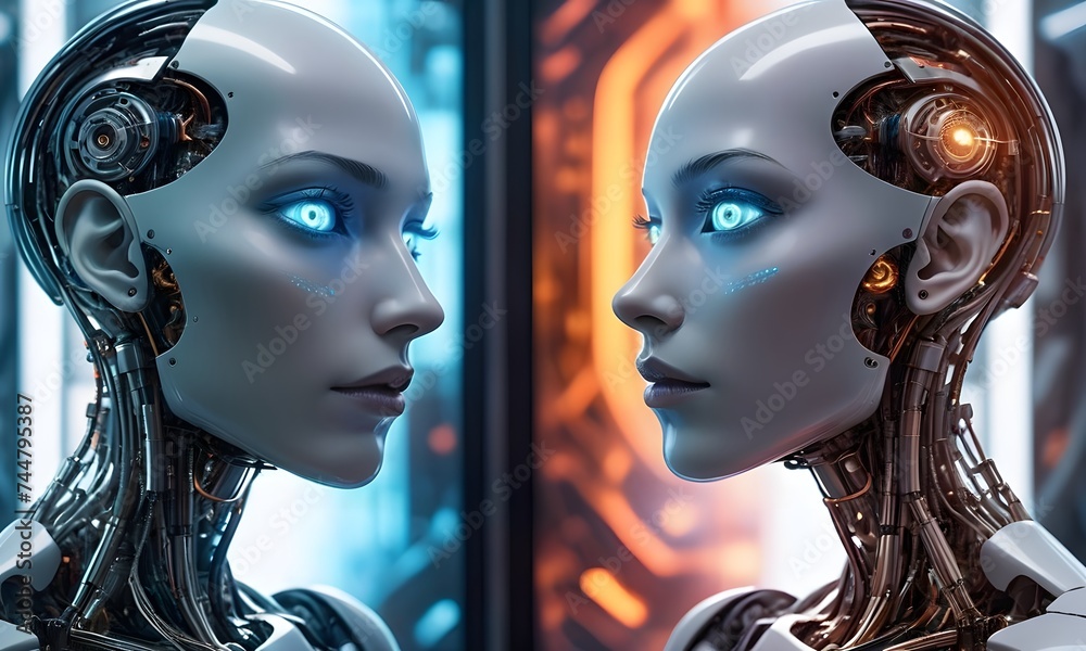 A lifelike android with strikingly human features reflects on its ...