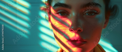 Closed up portrait of a girl with luxurious mint and pink gradient lighting