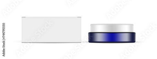 Blue Cream Jar Mockup With Paper Packaging Box, Front View, Isolated On White Background. Vector Illustration