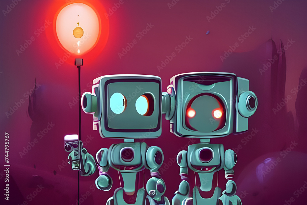 Two Cartoonish Robots in Illuminated Dark Setting, Generative AI